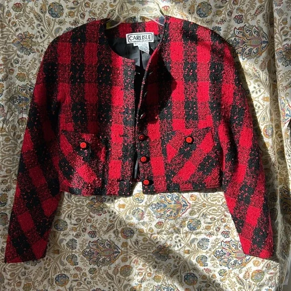Vintage Carlisle Wool Red/Black Buffalo Check Boucle Blazer‎ Cropped Lined 6